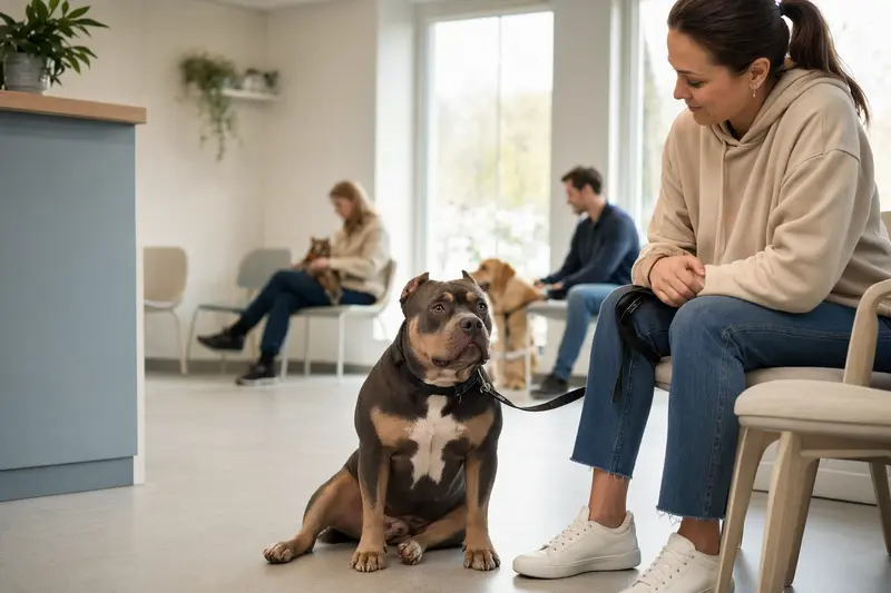Ein American Bully sitzt neben seinem Besitzer in einem modernen und hellen Wartezimmer einer Tierarztpraxis.